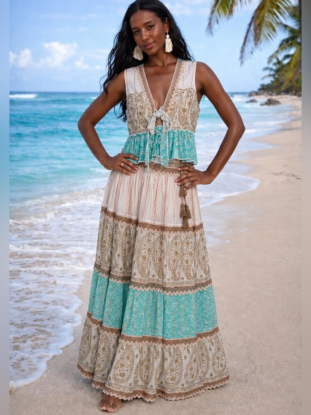 Boho Tiered Skirt Set in Teal, Coral , Cream, Tan paisley adjustable S-XL